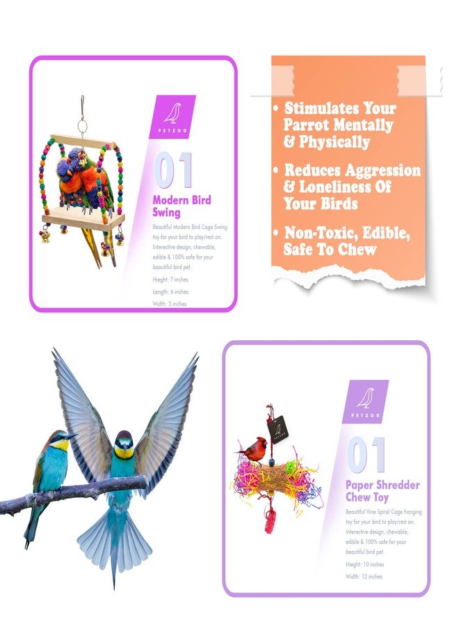 PETZOO Bundle of 4 Birds Toys Swing, Crinkle Foraging Toy, Spiral Hanging & Perch for Bird & Parrots Natural & Wooden - Image 2
